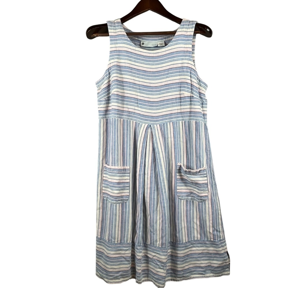 Ella Simone Womens L Linen Striped Sleeveless Pocket Dress Boho Coastal Comfy